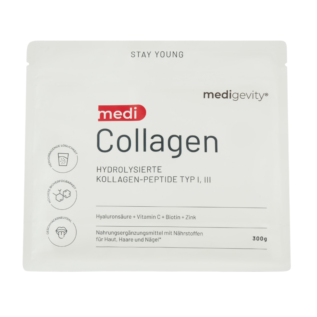 Flache, weiße Verpackung von Medigevity – medi Collagen Kollagenpulver mit deutschem Text, in dem die Inhaltsstoffe wie Hyaluronsäure, Vitamin C, Biotin und Zink aufgeführt sind.