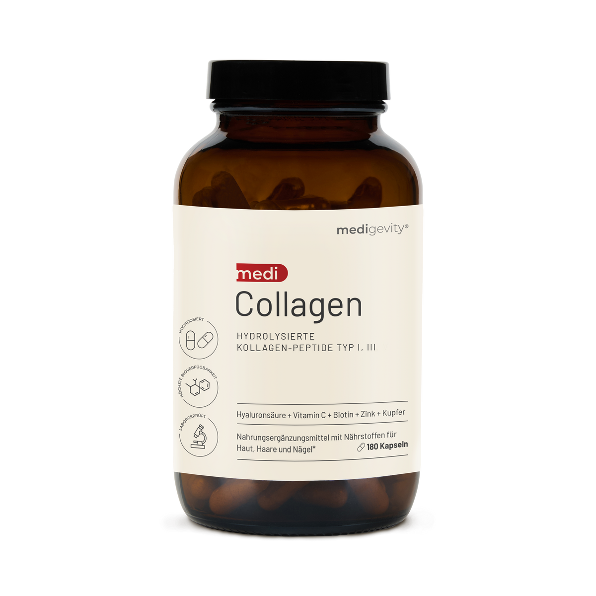 Eine braune Flasche mit der Aufschrift medigevity - mediCollagen Kollagen Kapseln, die 180 Kapseln mit hydrolysierten Kollagenpeptiden der Typen I und III sowie Hyaluronsäure, Vitaminen und Mineralien für Haut, Haare und Nägel enthält.