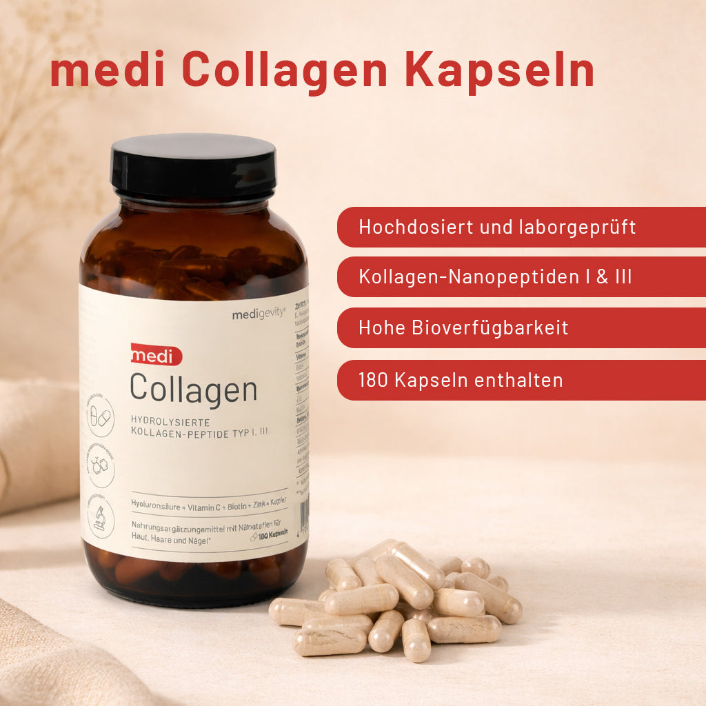 Eine braune Flasche von medigevity - mediCollagen Kollagen Kapseln steht neben beigen Kapseln. Der Text hebt hochdosierte, hydrolysierte Kollagenpeptide Typ I & III und 180 Kapseln pro Flasche der Marke medigevity hervor.