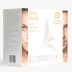 Eine weiß-beigefarbene Schachtel mit der Aufschrift timeblock® Vital Aging Nutrition (2-Monats-Packung) von timeblock®, mit den Teilgesichtern einer Frau und eines Mannes, botanischen Grafiken und Produktinformationen für 60 Tag- und Nachtkapseln.
