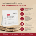 Ein Beutel medigevity – medi Collagen Kollagenpulver auf einem Stein, mit fünf Inhaltsstoffen und Vorteilen sowie Symbolen für Löslichkeit, Bioverfügbarkeit, neutralen Geschmack und die Herkunft der Hyaluronsäure.